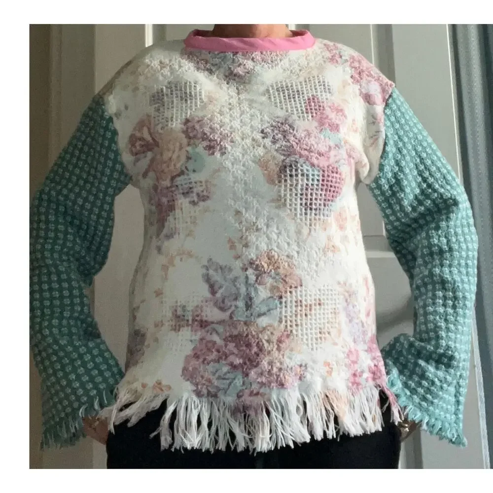 Tapestry crewneck floral pattern, upcycled blanket w fringe, Handmade Med